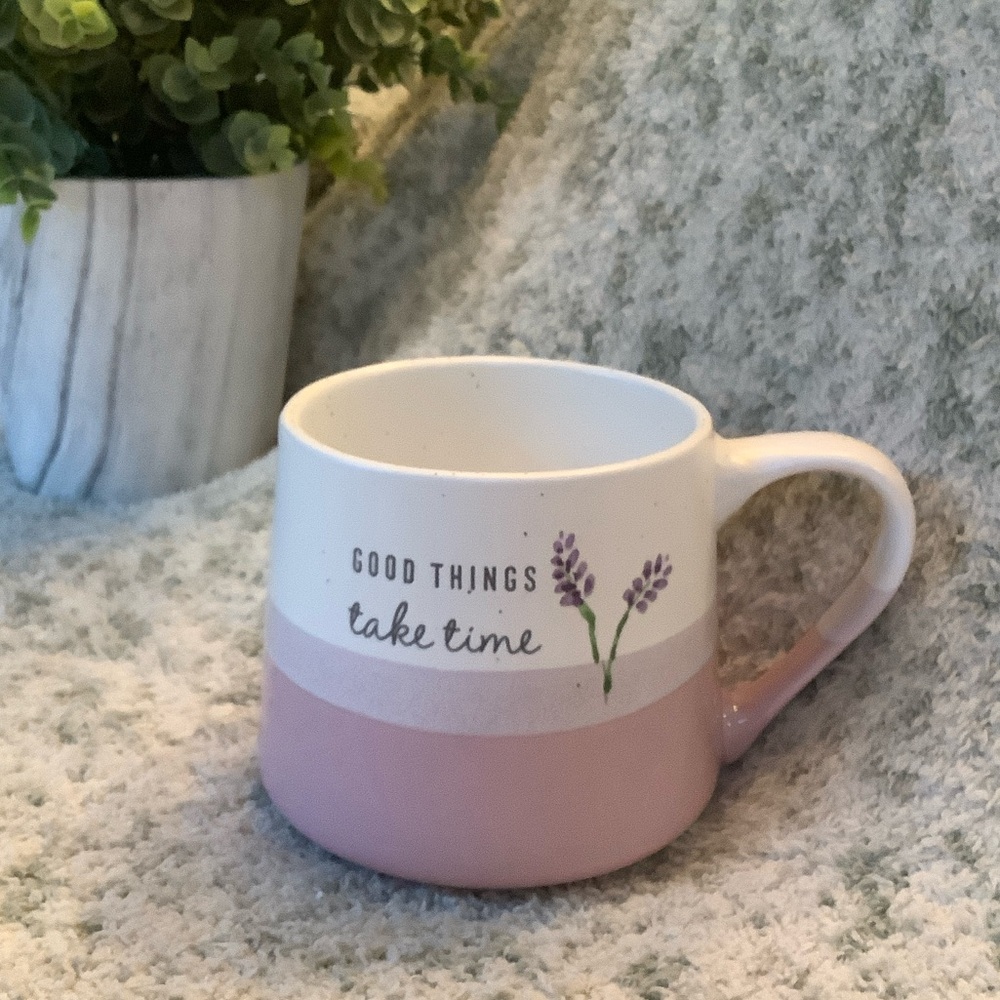 Lavender Pink Ceramic 'Good Things Take Time' Coffee Mug 16 oz NWT